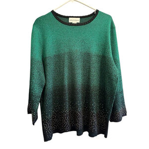 Alfred Dunner Sparkling Ombre Holiday Tunic Womens XL Green & Black 3/4 Sleeve
